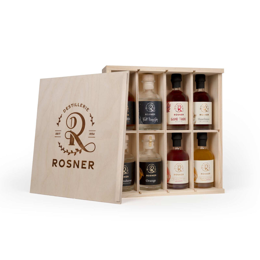rosner-destillerie-geschenk-box-Midgard-rum-williamsbirnenbrand-Orangengeist-fullmoongin-sloe-gin-himbeere-haselnuss-marille-chili-likör